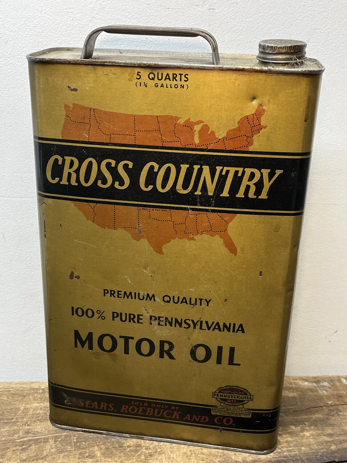 Vtg 1940s Cross Country Motor Oil 5 Quart Oil Can Slim Tin Sears Roebuck & Co.