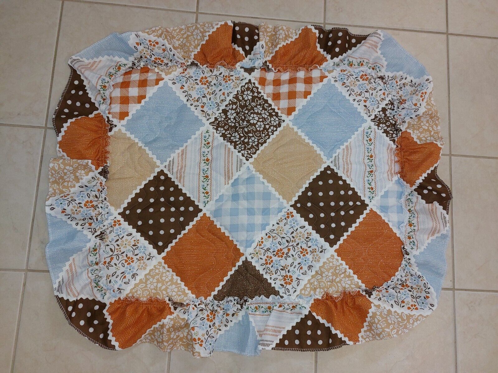 Vtg Sears Country Patch Ruffled Pillow Sham Blues Browns Quilt Look VGC
