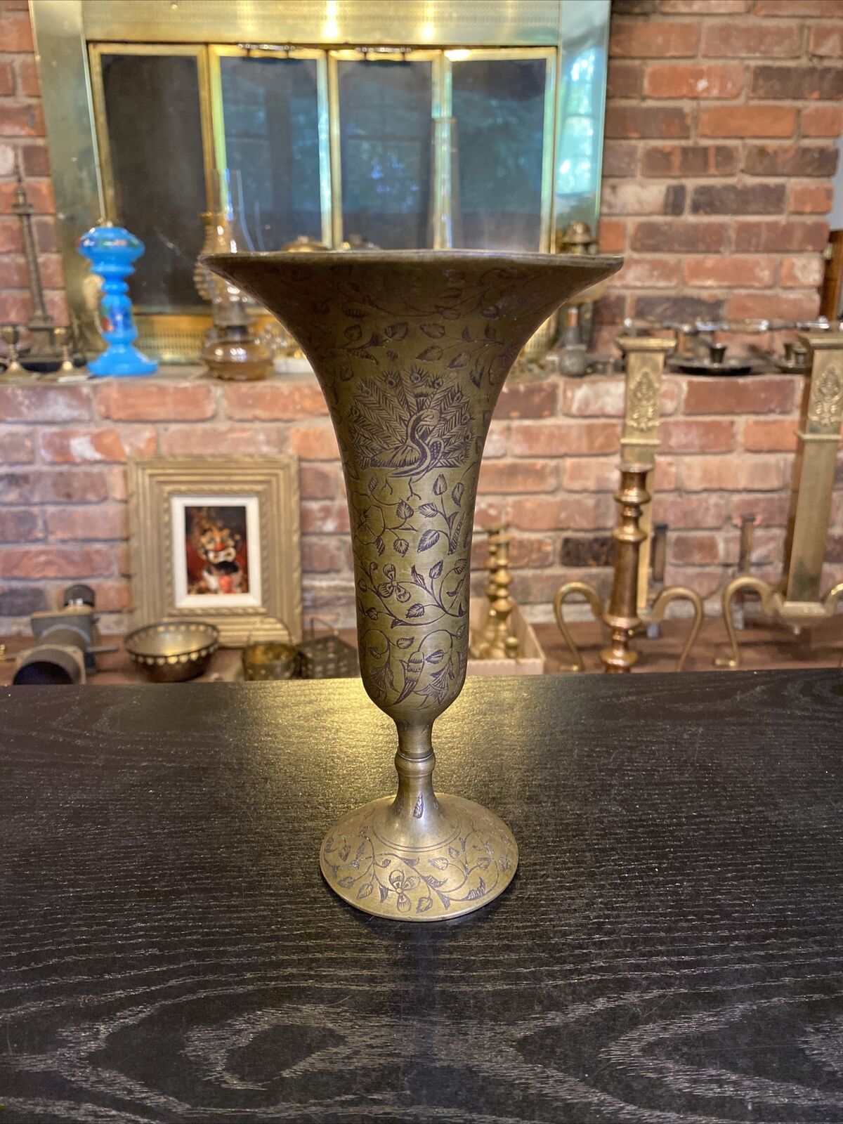 Antique Vintage Brass Bronze Vase With Etched Peacock & Floral Design