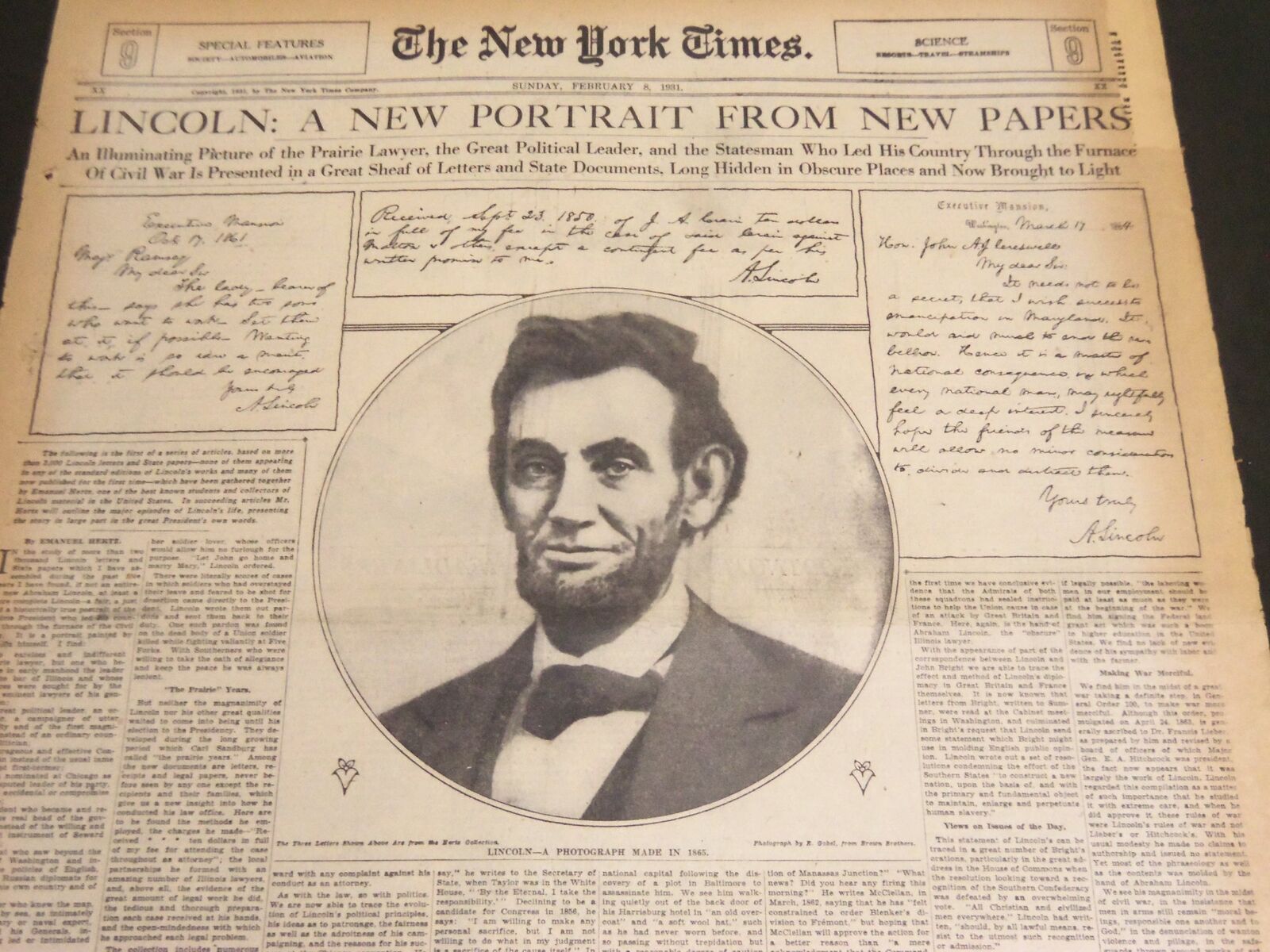 1931 FEB 8 NY TIMES SPECIAL FEATURES - LINCOLN NEW PORTRAIT NEW PAPERS - NT 7095