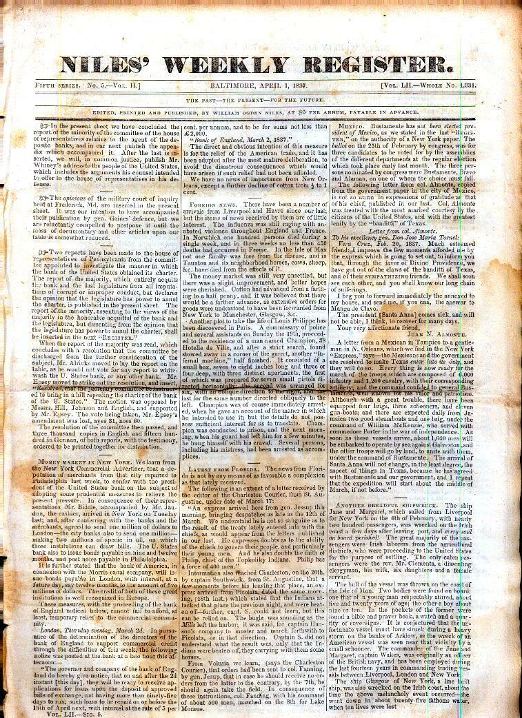 Newspaper- Mexican Gen Bustamente & 6000 Troops to Invade TEXAS 1837