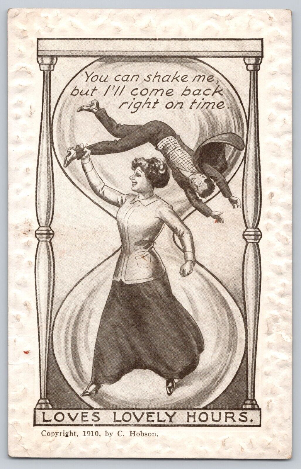 Postcard Woman Hourglass Loves Lovely Hours Embossed Unposted 1910 Antique