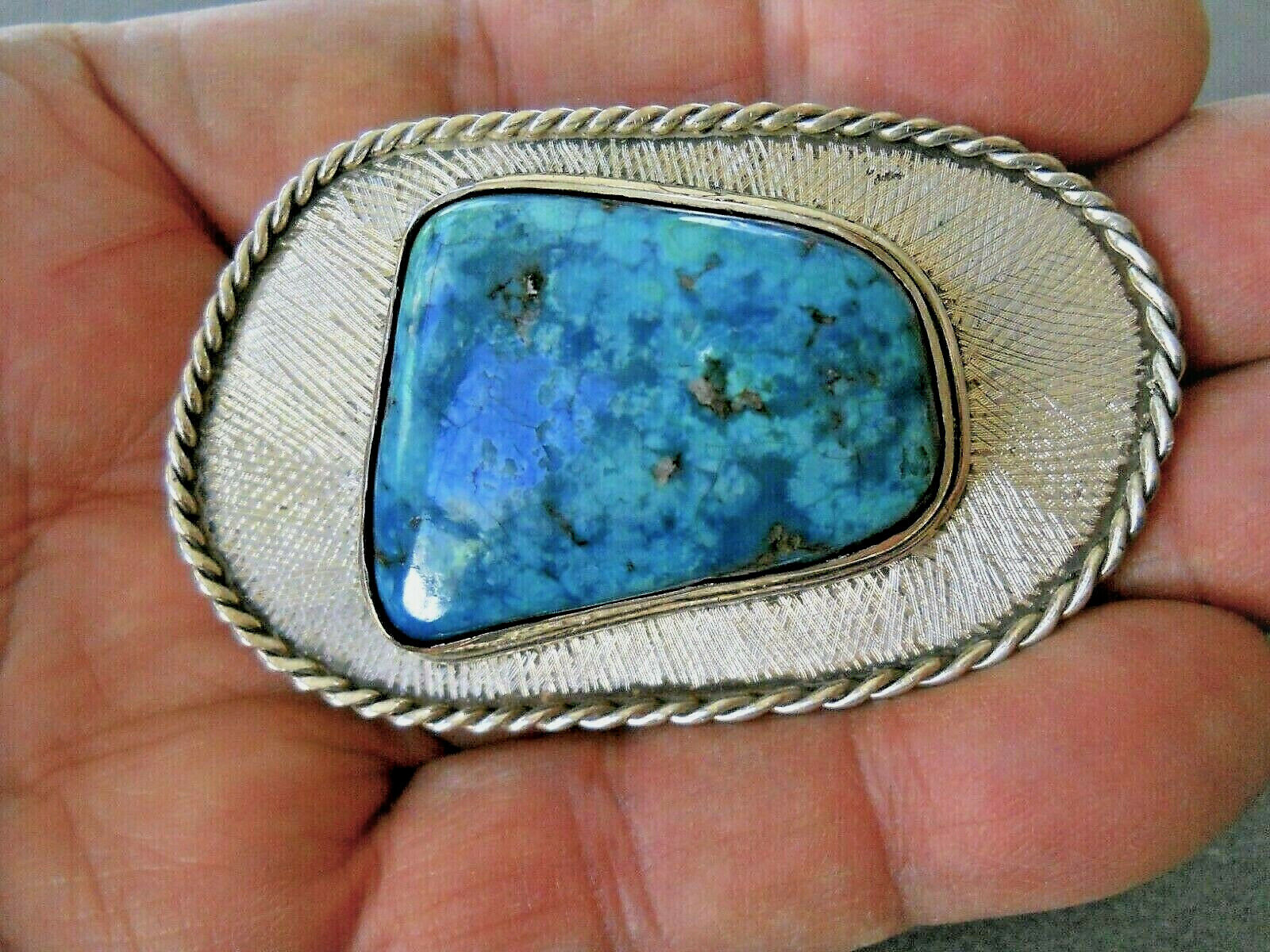 Southwestern Style Blue-Teal Turquoise Etched Sterling Silver Belt Buckle 63 gr