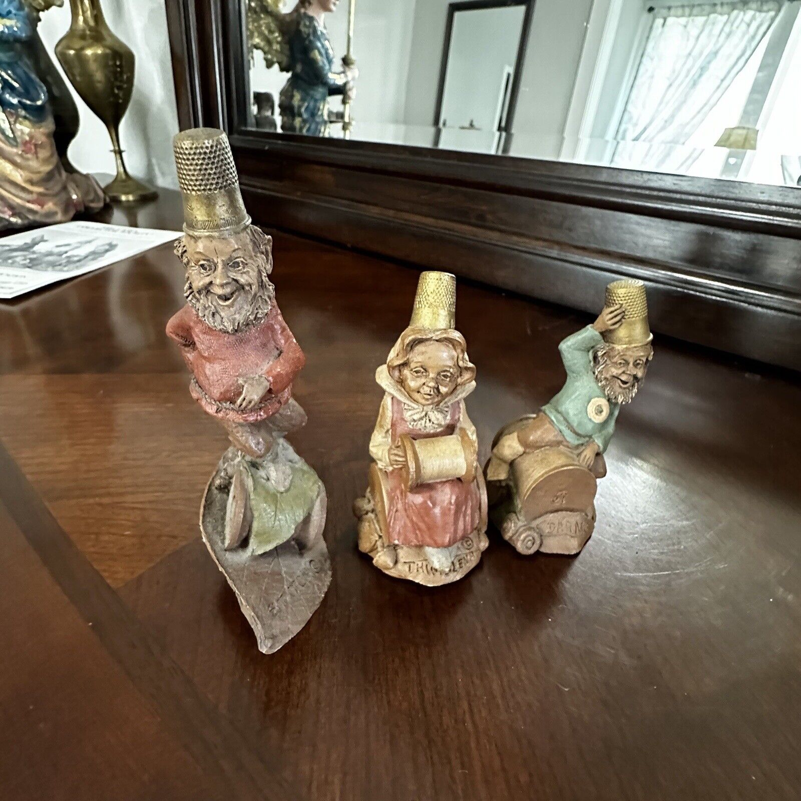 Set Of 3 Vintage Tom Clark Gnomes With Thimble Hats Thimbleina, Stitches, Darn
