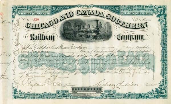 Sidney Dillon - Chicago and Canada Southern Railway - Stock Certificate - Autogr