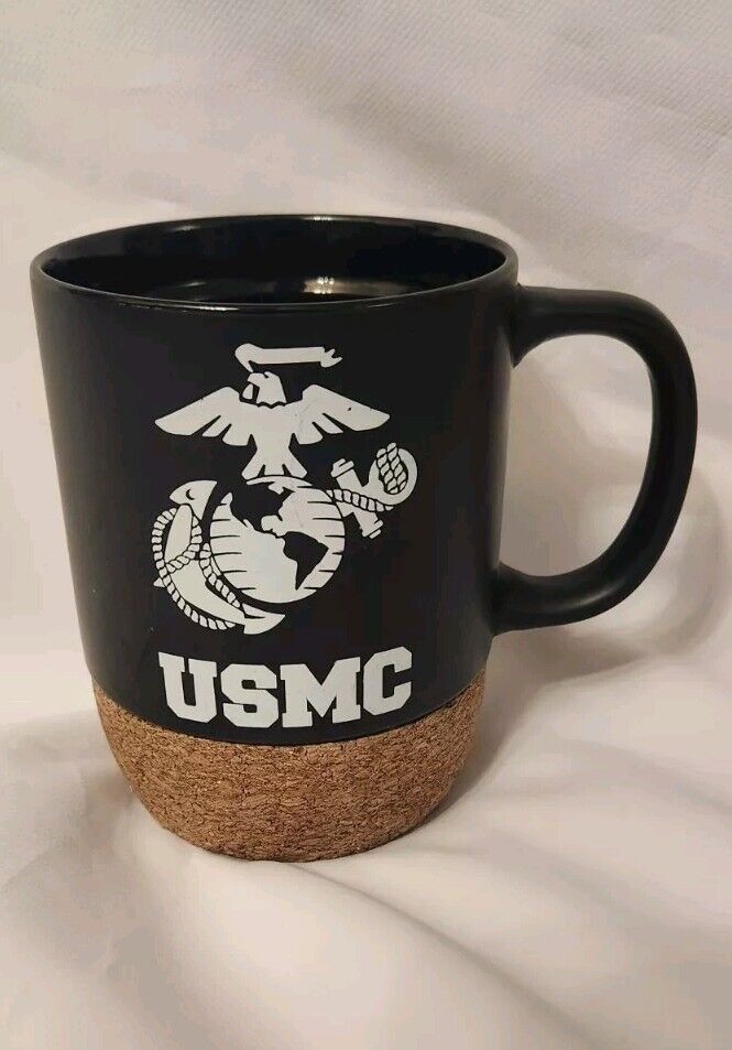 USMC Black and  White Coffee Mug 12 fl oz w/ Cork Insulated Bottom, Simple