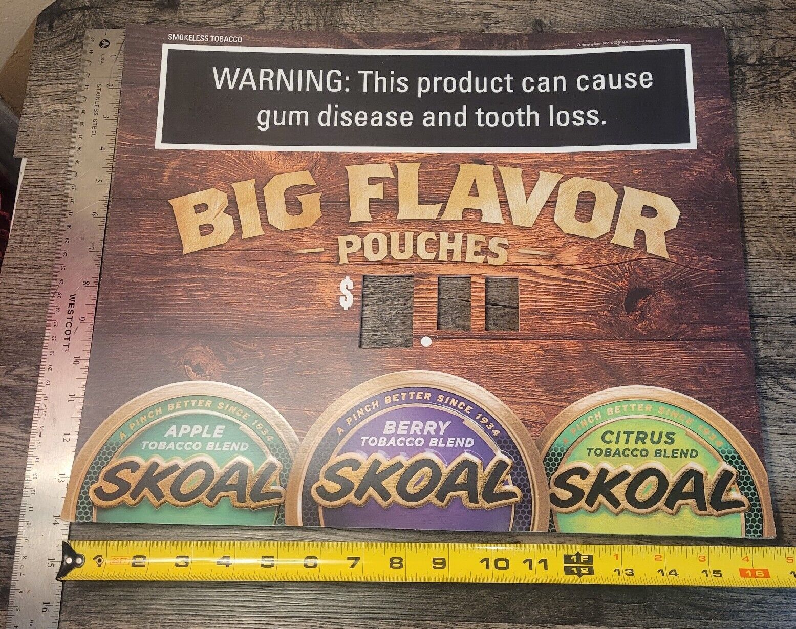 SKOAL (Apple/Berry/Citrus)Smokeless Snuff/Tobacco Plastic StoreSign 17\