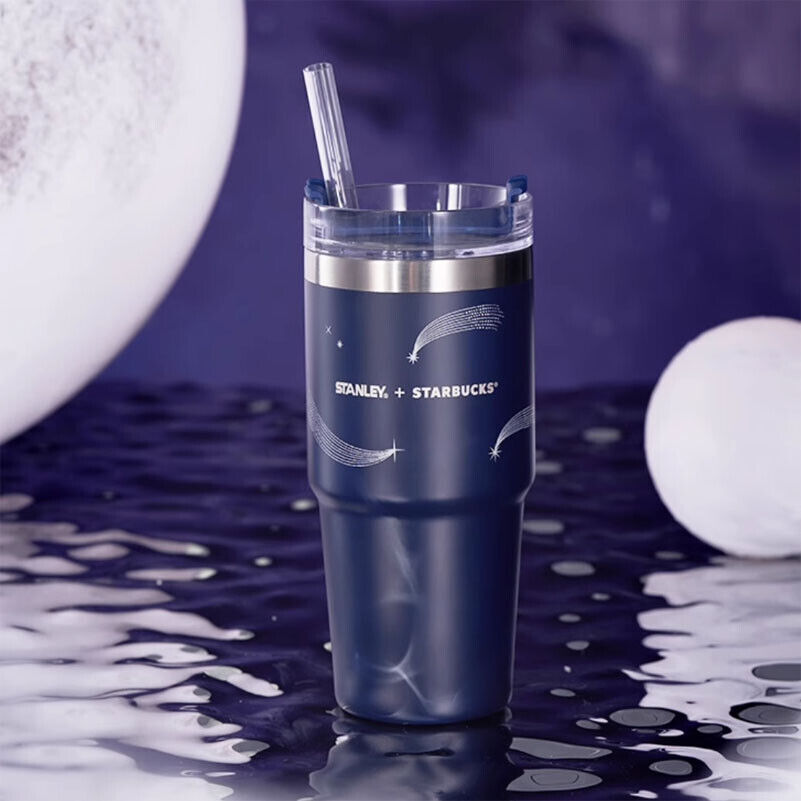 Authentic Starbucks+Stanley 2023 Mid-Autumn Silver Meteor Blue SS 14oz Straw Cup