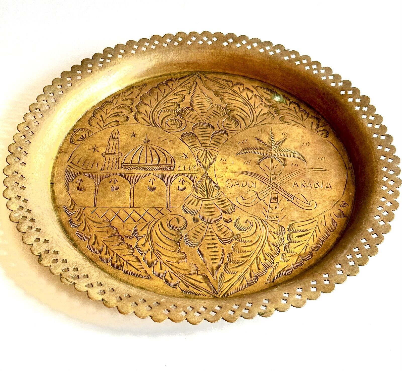 Vintage Brass Islamic Tray Saudia Arabia Etched Engraved 10\