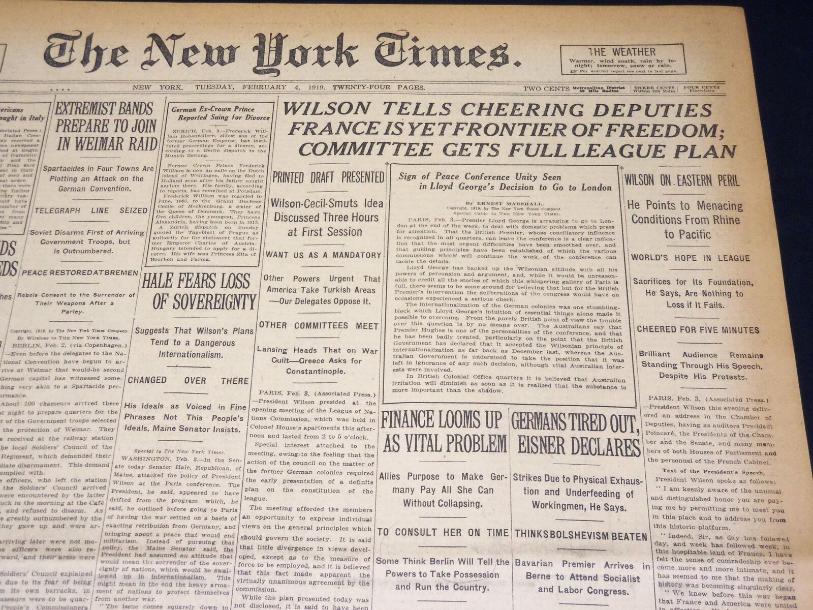 1919 FEBRUARY 4 NEW YORK TIMES - COMMITTEE GETS FULL LEAGUE PLAN - NT 7959