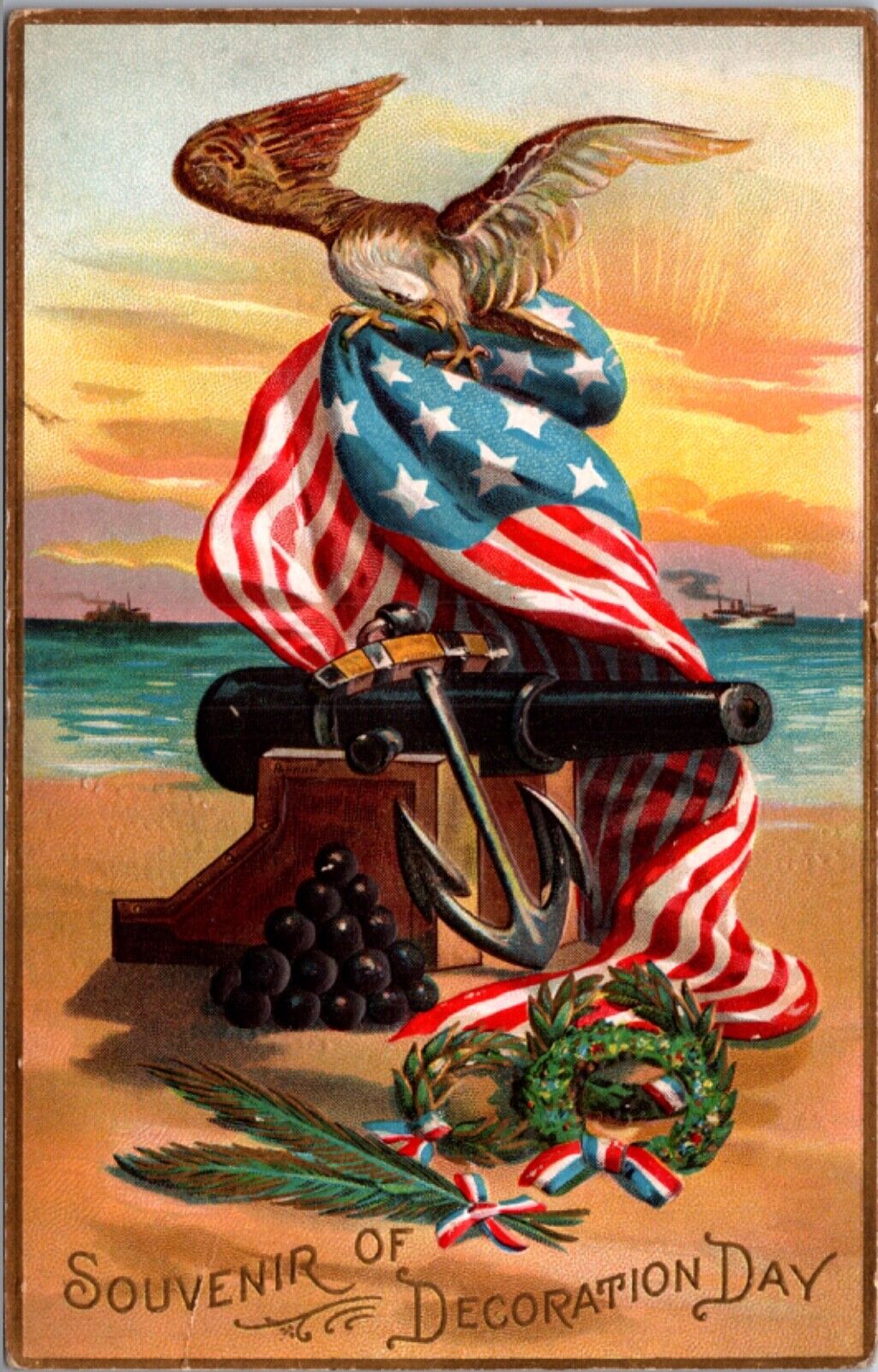 Postcard Souvenir of Decoration Day Eagle American Flag Cannon Anchor