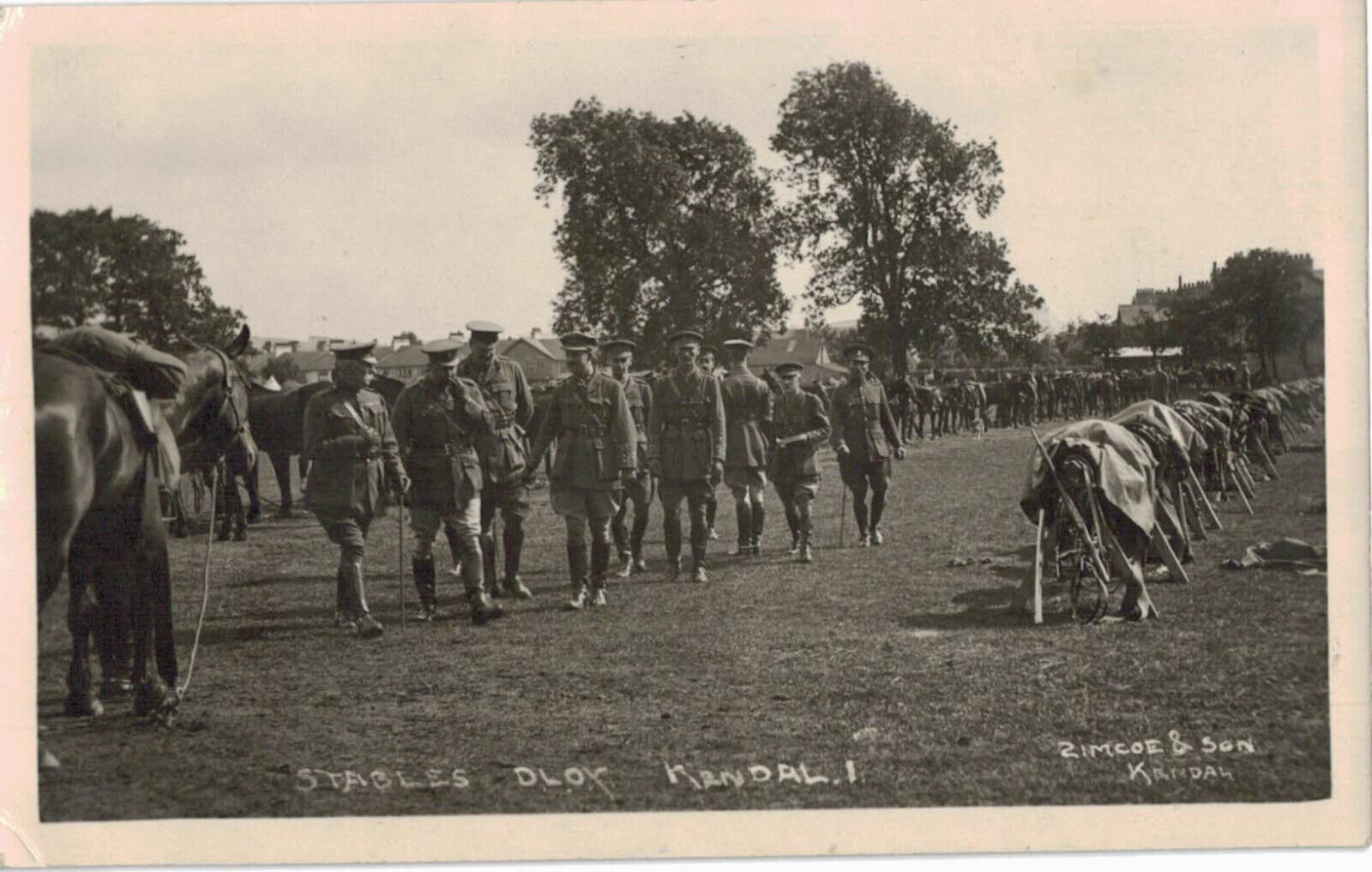 Antique RPPC Postcard WW1 Officers Soldiers in Field Horses Stables Kendal