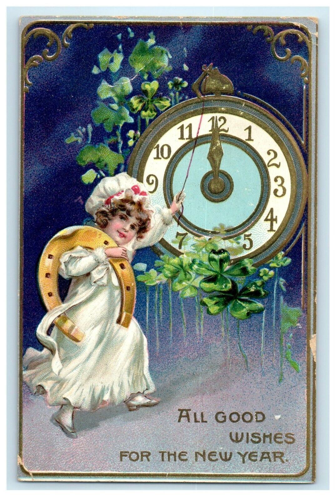 1908 New Year Tuck's Angel Ringing Clock With Horseshoe Embossed Postcard