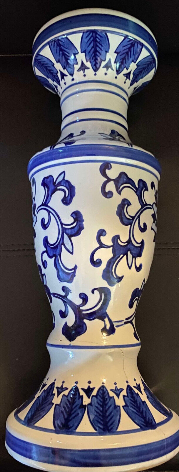 Tall Chinoiserie Cobalt Blue and White Ceramic Candleholder, Pillar, Taper, Cand