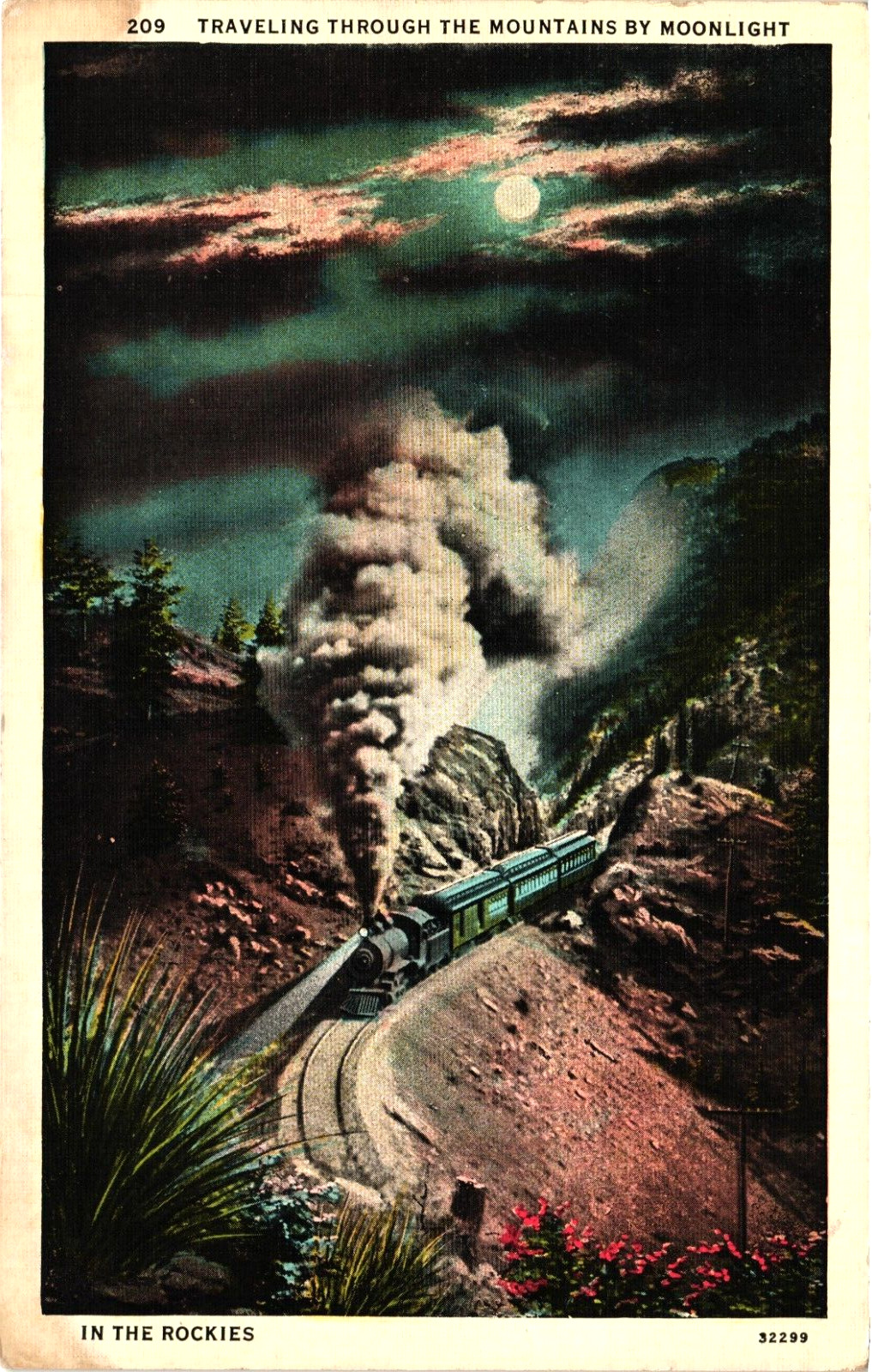 Vtg CO Rockies Postcard Railroad Train Traveling Through Mountains By Moonlight