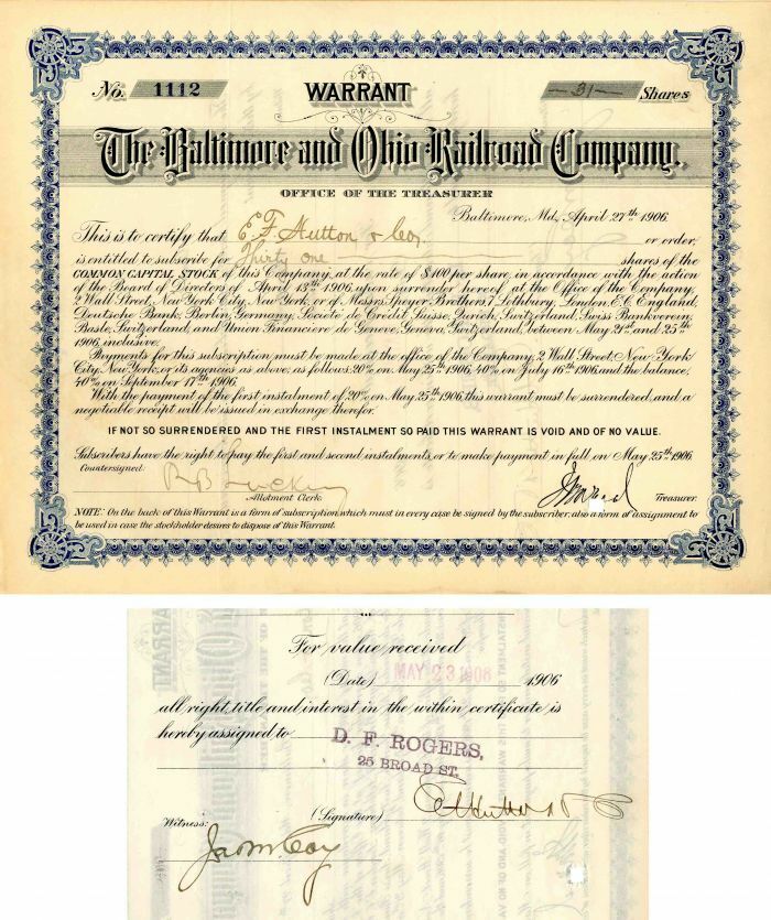 Baltimore and Ohio Railroad Co. Issued to E.F. Hutton - Stock Certificate - Auto