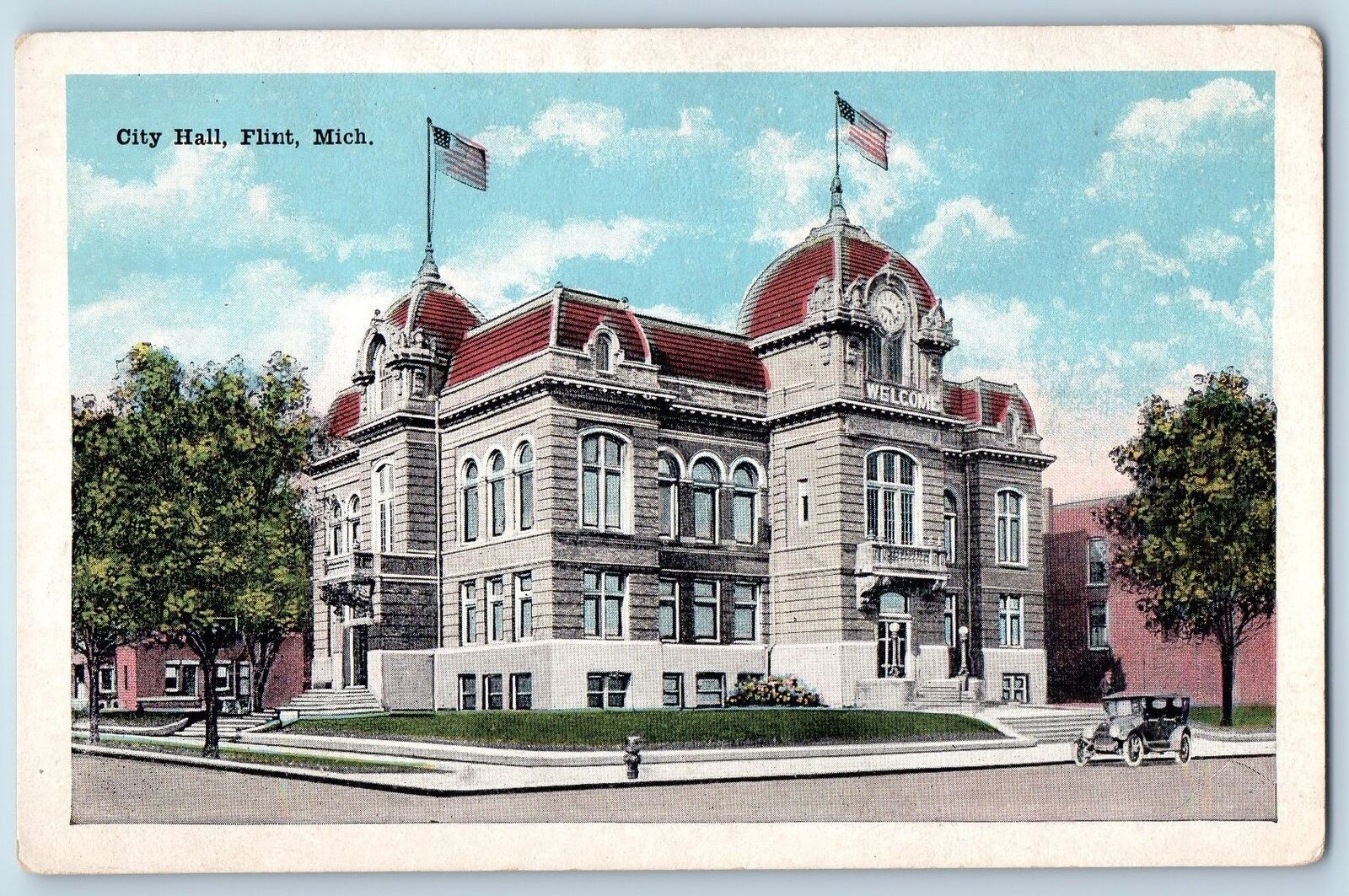 c1920's City Hall Building Classic Car US Flag Facade Flint Michigan MI Postcard