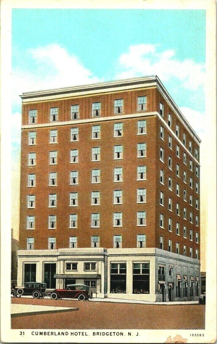 Vintage Postcard Bridgeton New Jersey Cumberland Hotel 1920s Cars N J 