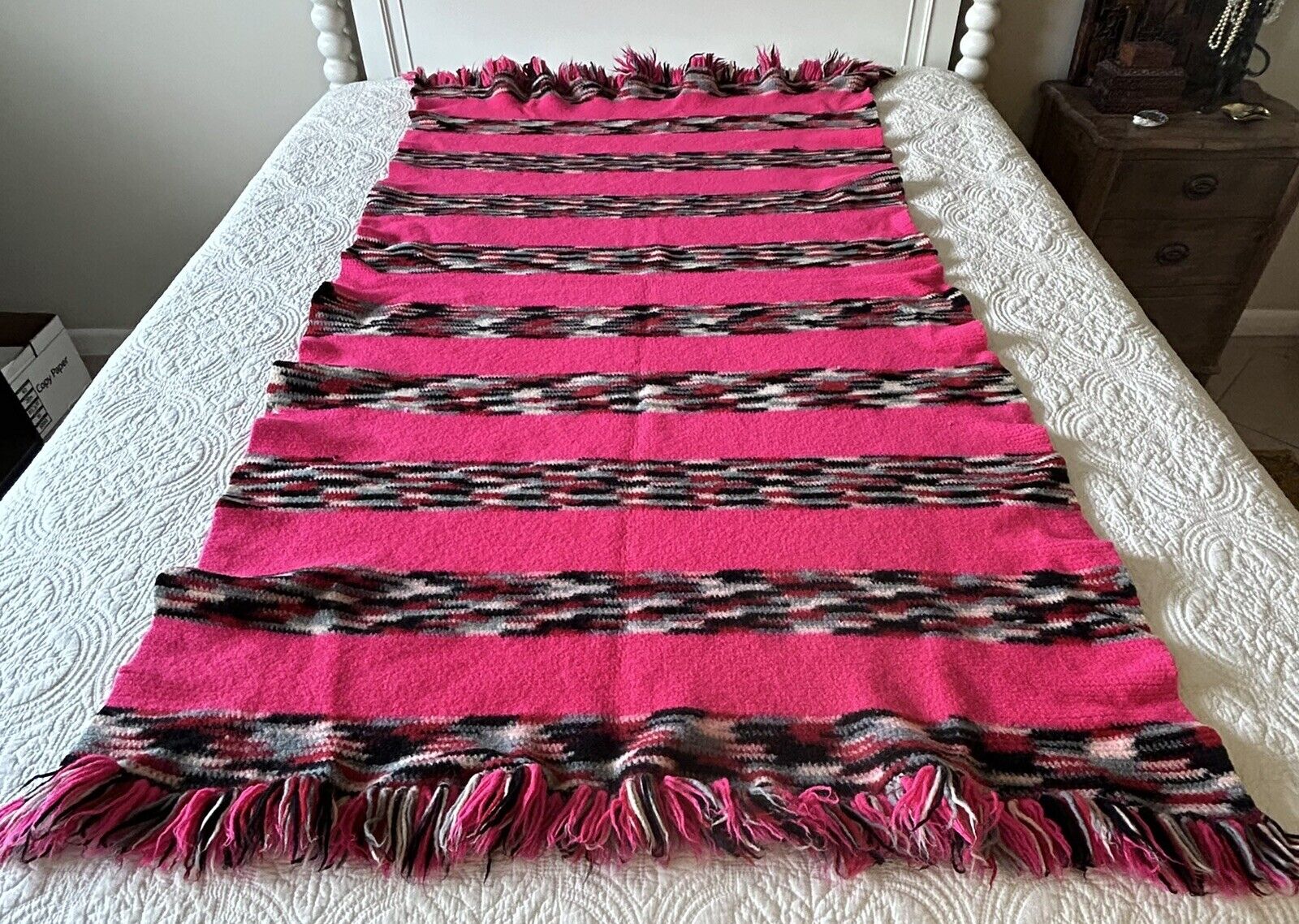 Vintage Hand Knit Crochet Throw Or Wrap 37x71 Wool? With Fringe