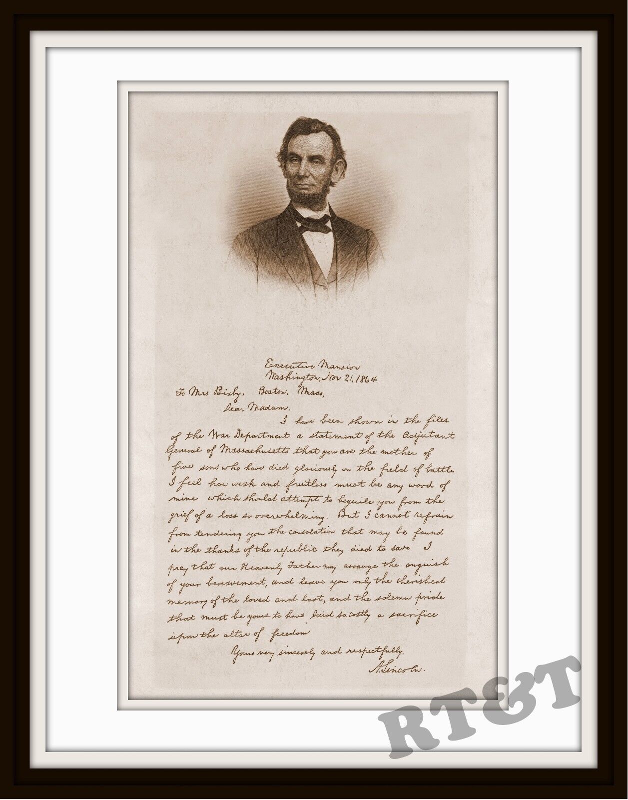 Civil War Abe Lincoln 1864 Letter to Mrs. Bixby on Loss of Her Sons 11x14 Photo