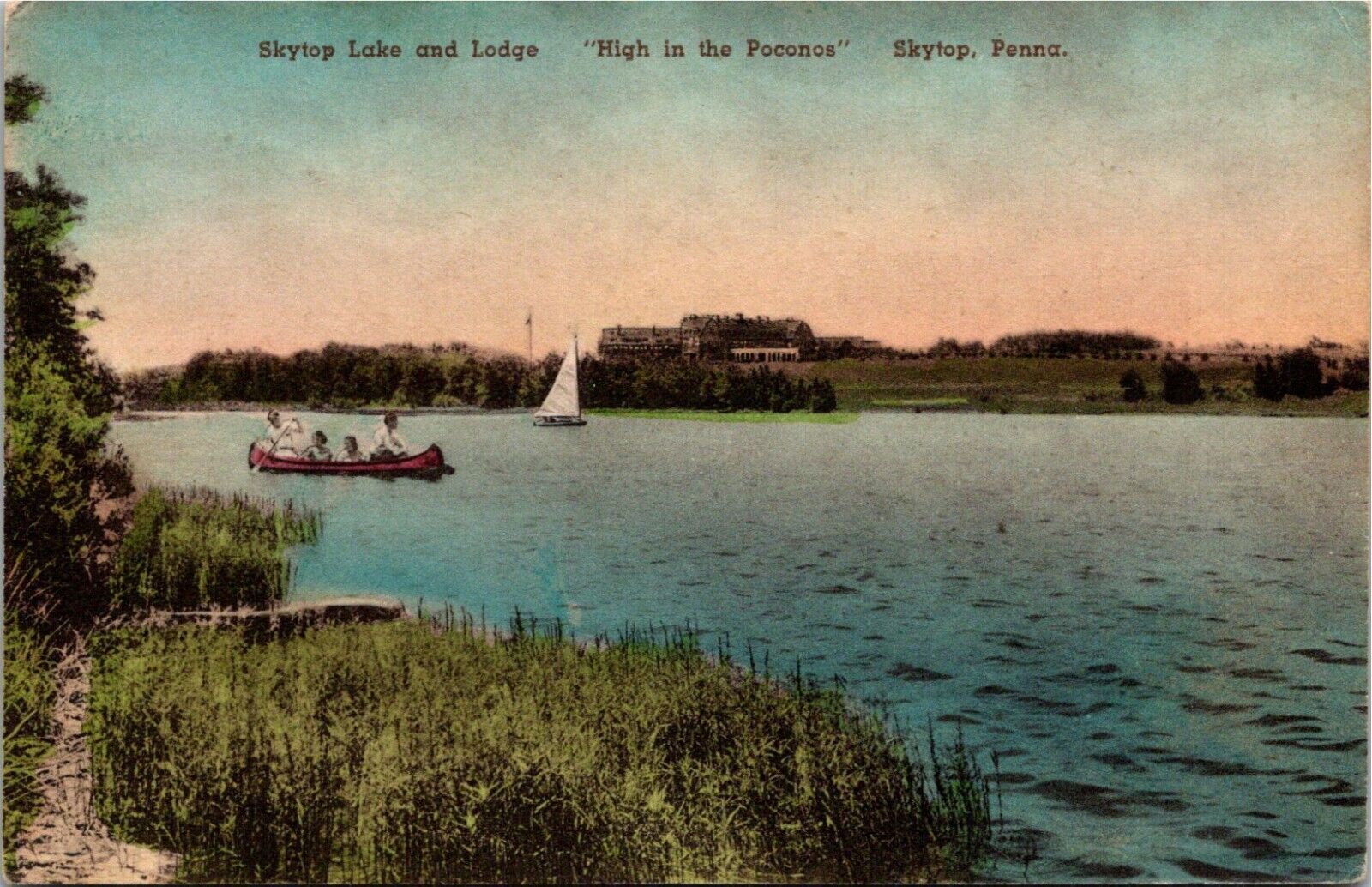 Skytop Lake & Lodge PA Pennsylvania, Canoe, Sailboat, Handcolor Vintage Postcard