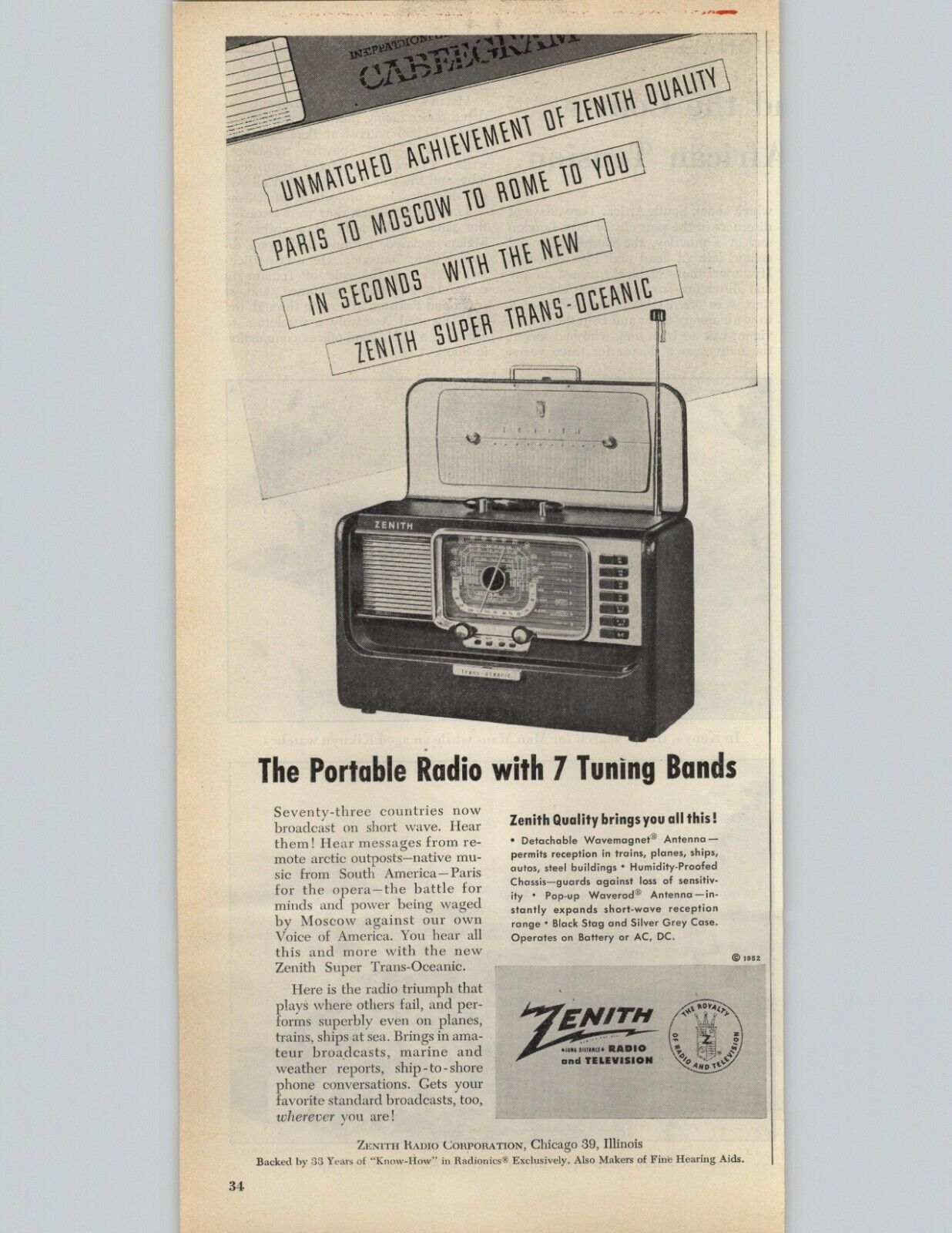 1952 Zenith Radio Corporation Vintage Print Ad Super Trans Oceanic Radio Photo