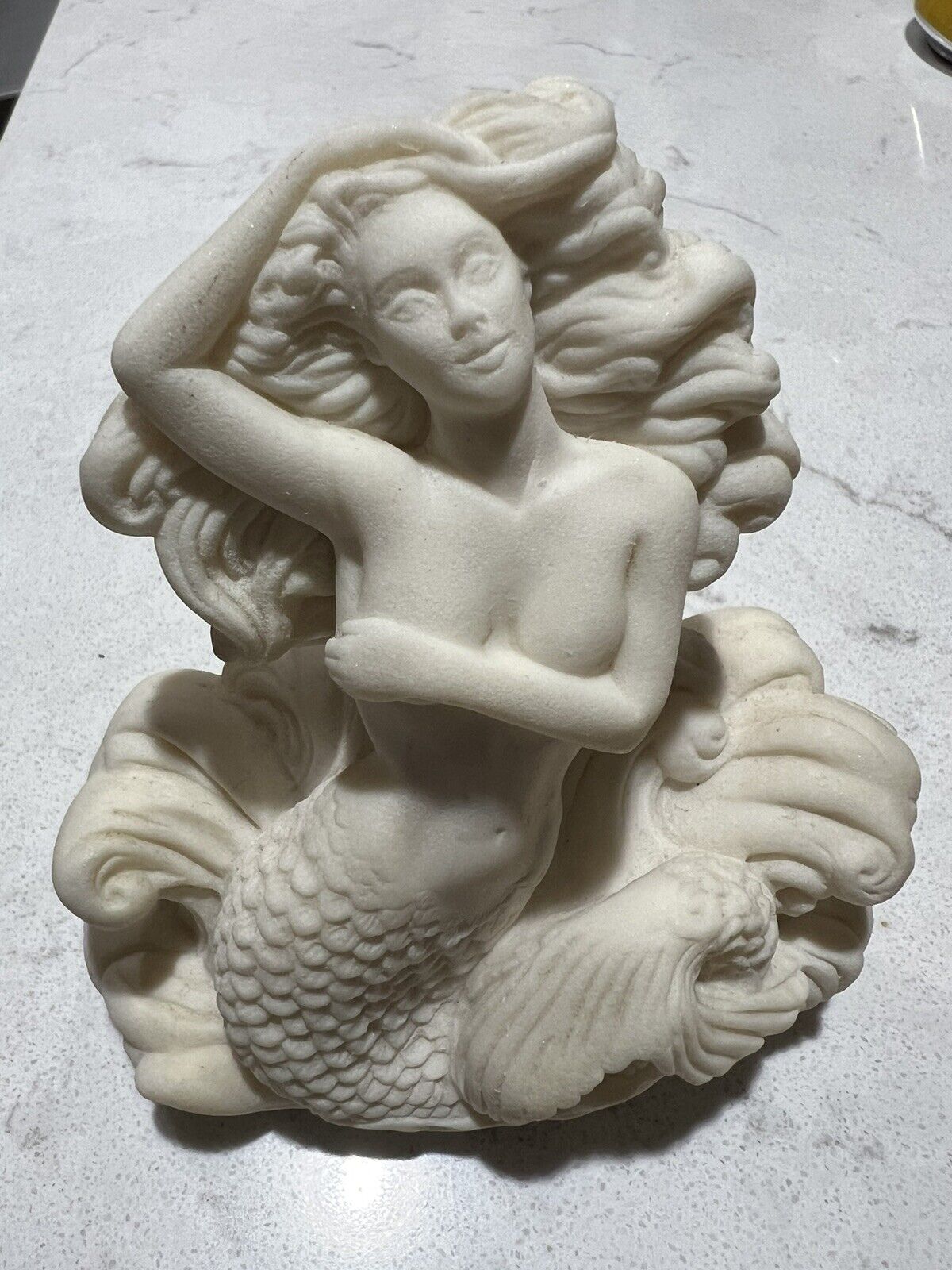 Mermaid Woman In Waves Sculpture Figurine White Alabaster Resin