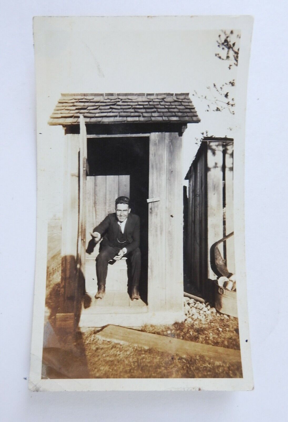 Vintage c. 1920\'s Snapshot Photograph Man In Outhouse