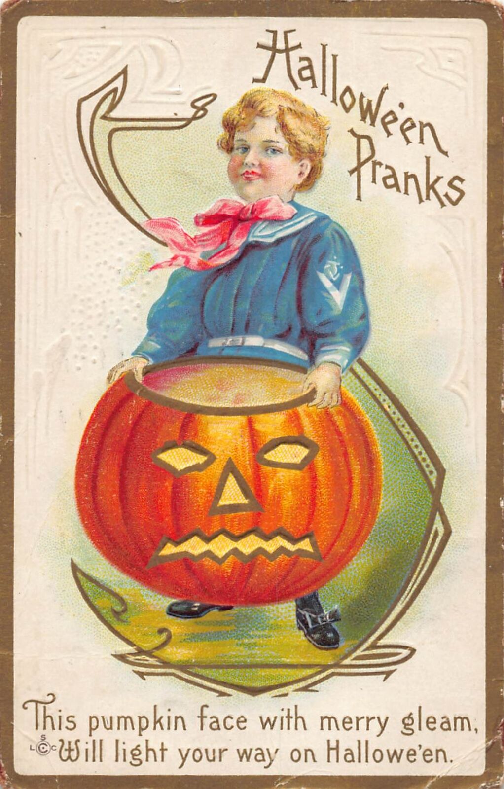 J80/ Halloween Postcard c1910 Jack-O-Lantern Child Smile 85