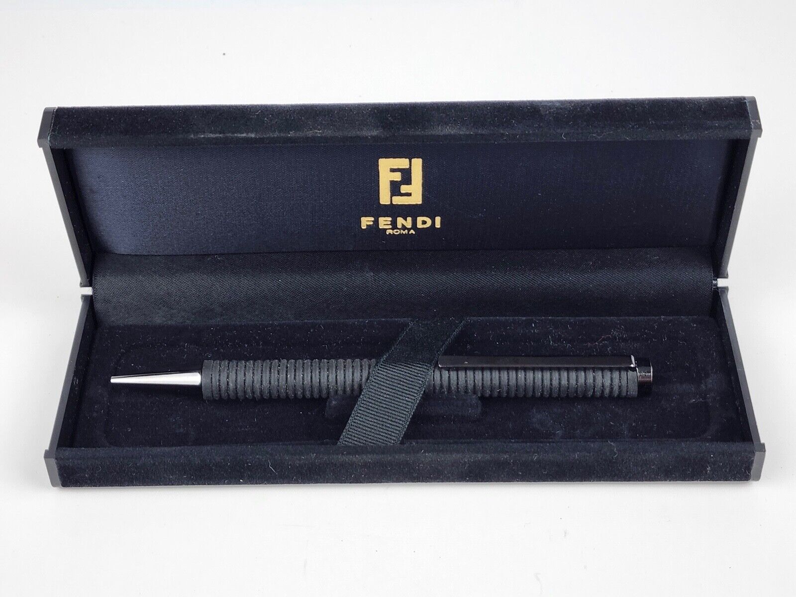Authentic Fendi Roma Ink Pen ribbed rubber gun metal gray w/ box Writes Smooth