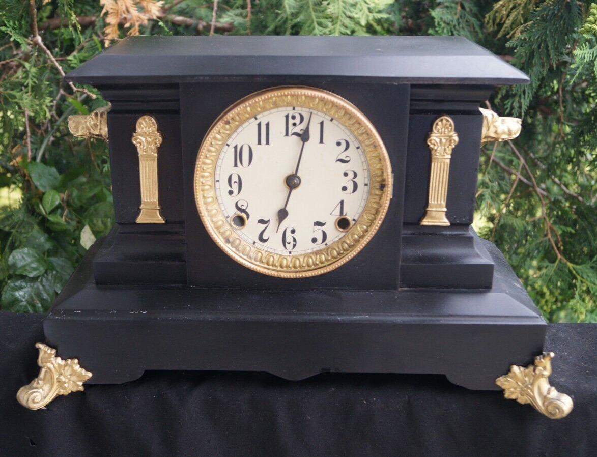 Antique 1880s New Haven Cast Iron Mantle Clock - RUNS - UNUSUAL DOG ACCENTS