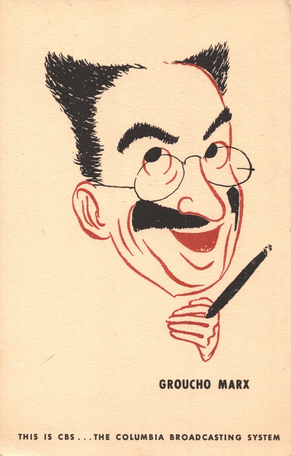 Groucho Marx CBS Radio Program Caricature Cigar in Hand 1943 Postcard