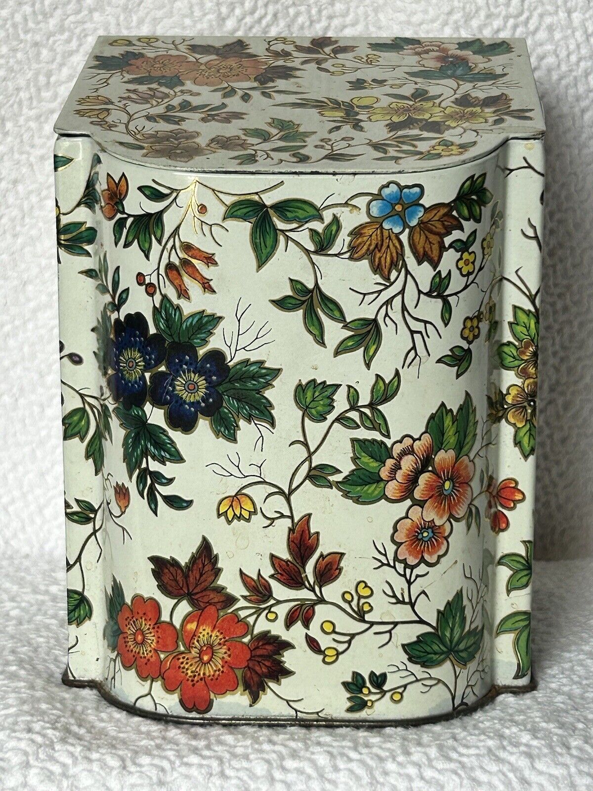 Daher Floral Tin Container England Hues Of Blue And Orange Flowers Vtg Pre-1980