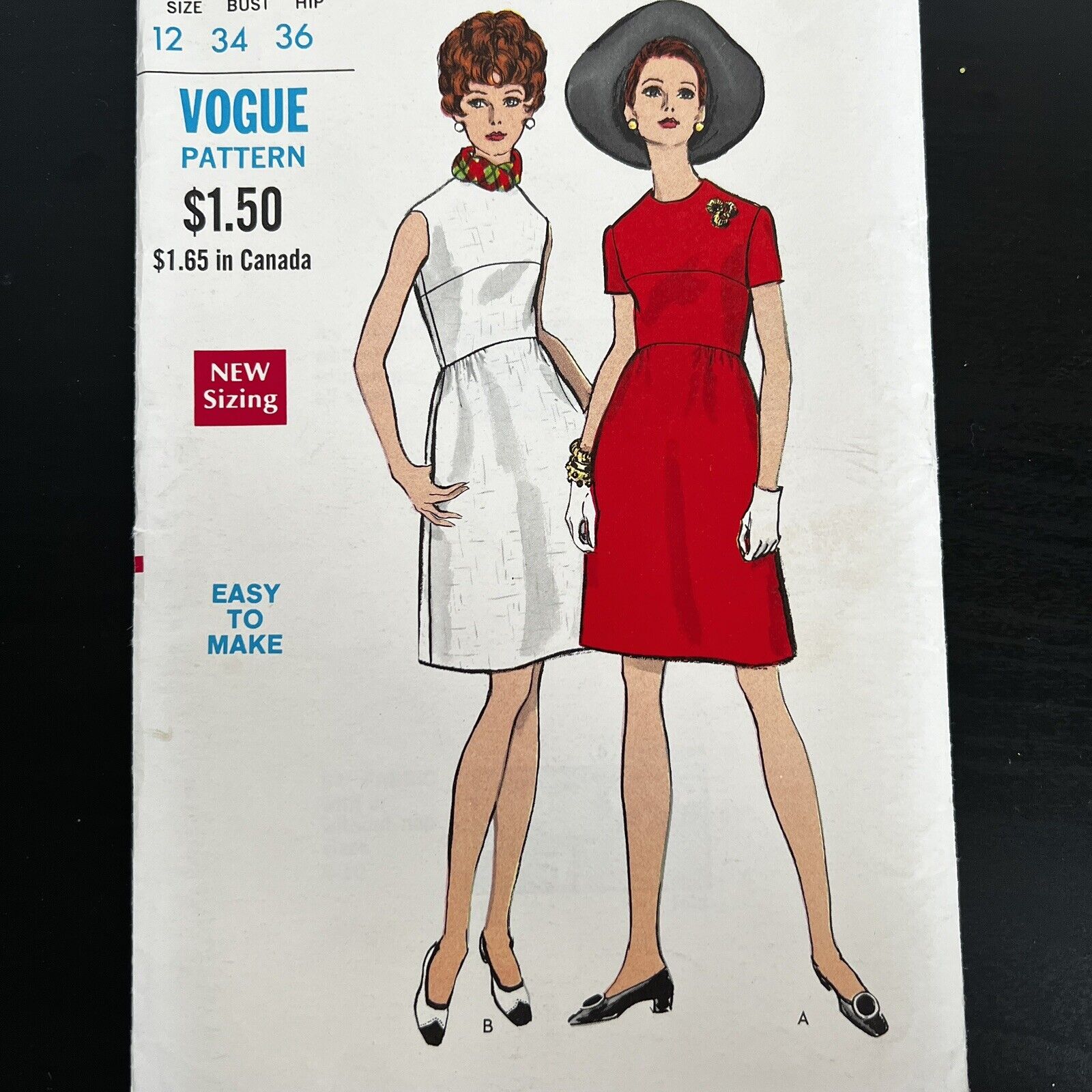 Vintage 1960s Vogue 7509 Mod Semi Fitted A-Line Dress Sewing Pattern 12 XS CUT