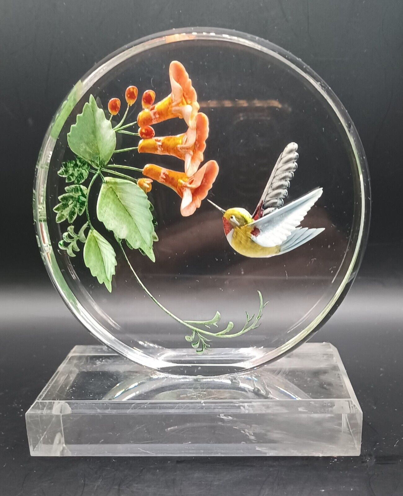 Vintage Laser Etched Lucite, Reverse Painted, Hummingbird in Honeysuckle Flowers