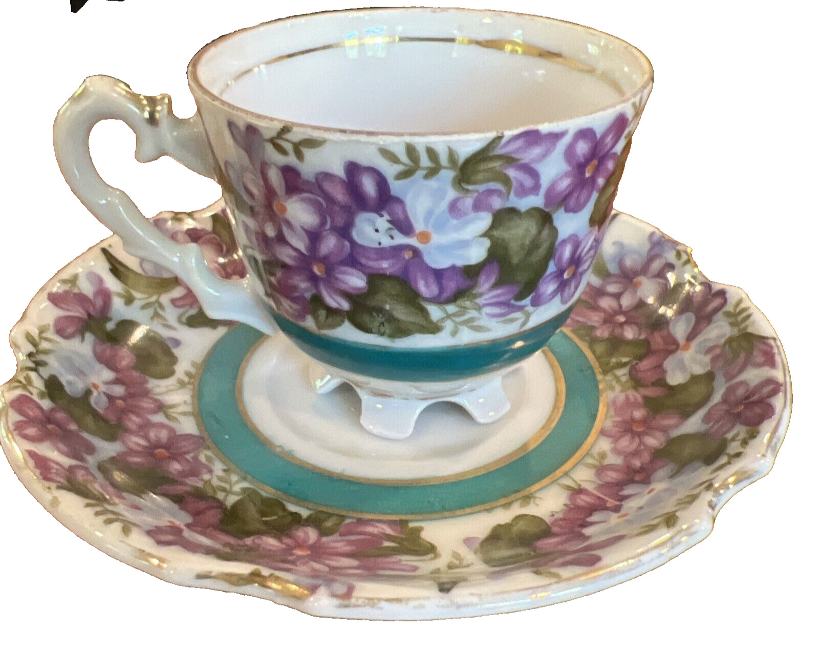 Vintage  Tea Cup And Saucer Violets Teal Band Shafford Japan Hand Painted