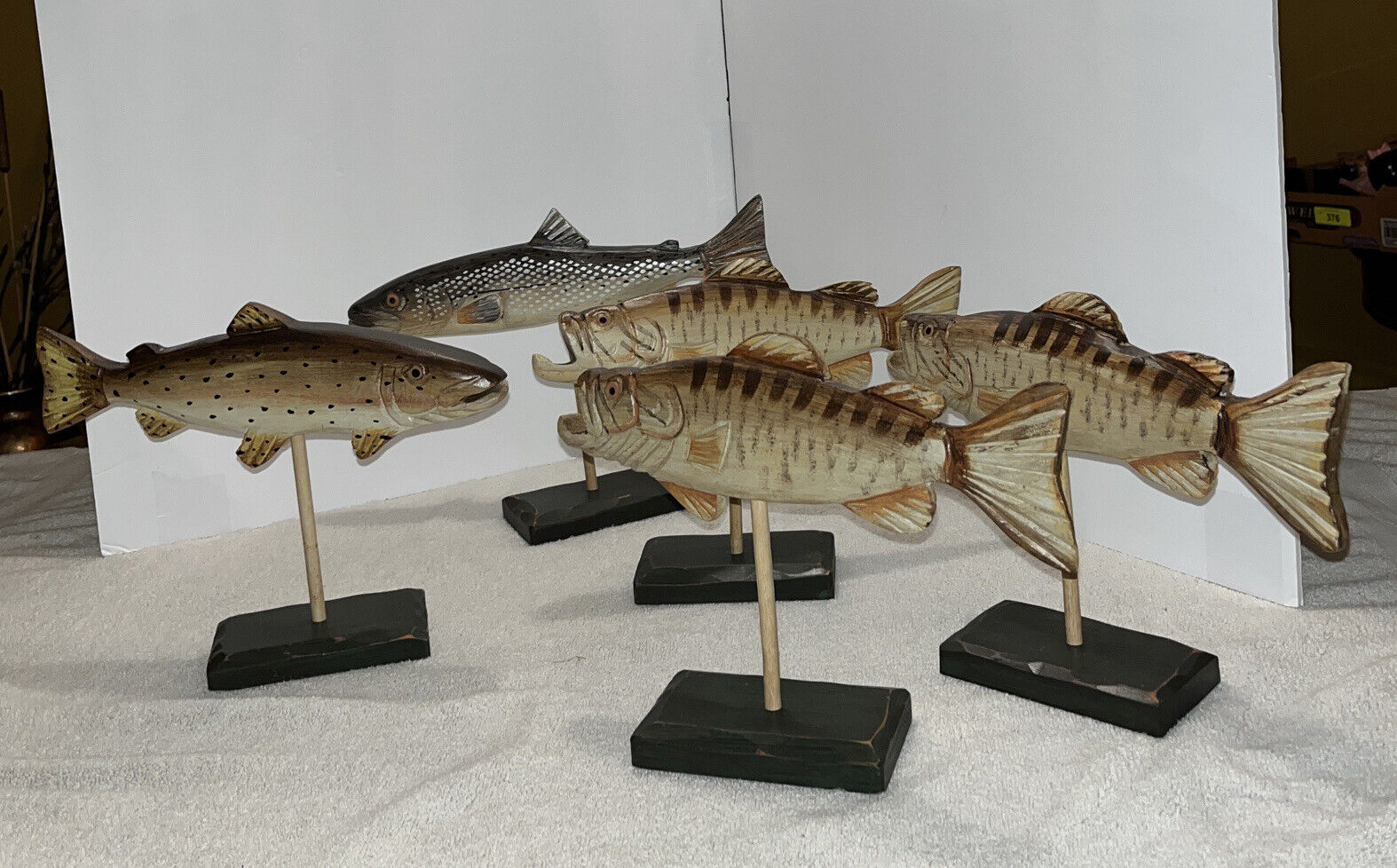 Set Of Five Wood Carved Fish On Bases 2-Trout, 3-Bass Folk Art (533)
