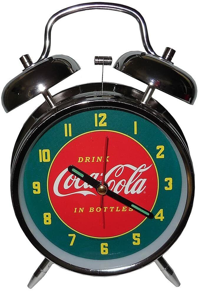 Coca-Cola Alarm Clock Twin Bell Chrome Red Green Face Luminous Hands
