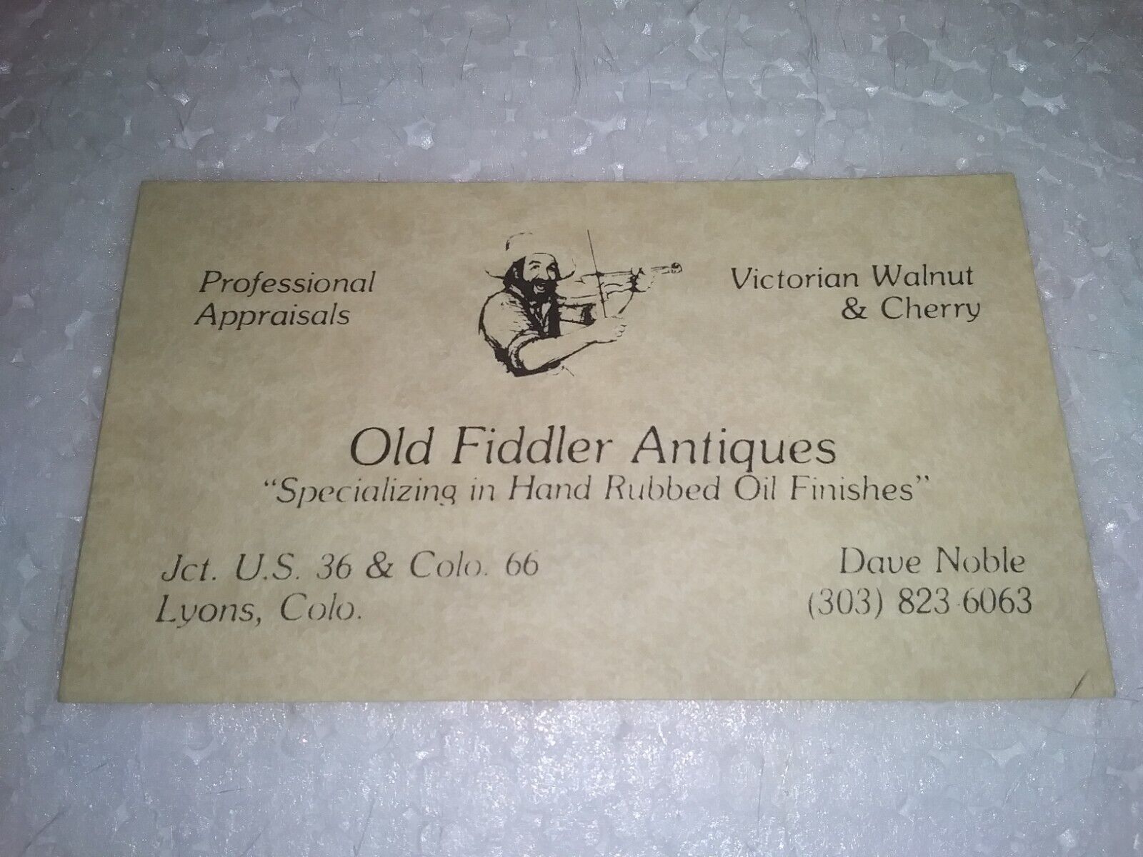 Vintage Old Fiddler Antiques Lyons Colorado Business Card