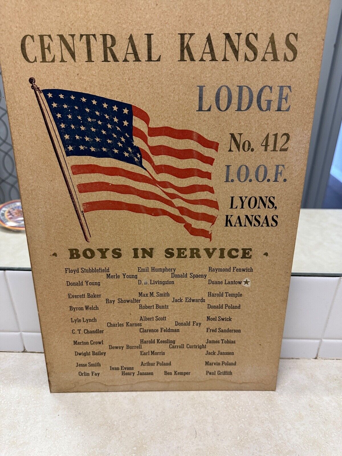 Vintage Lyons Kansas IOOF Boys in Service Homefront Poster Gold Star