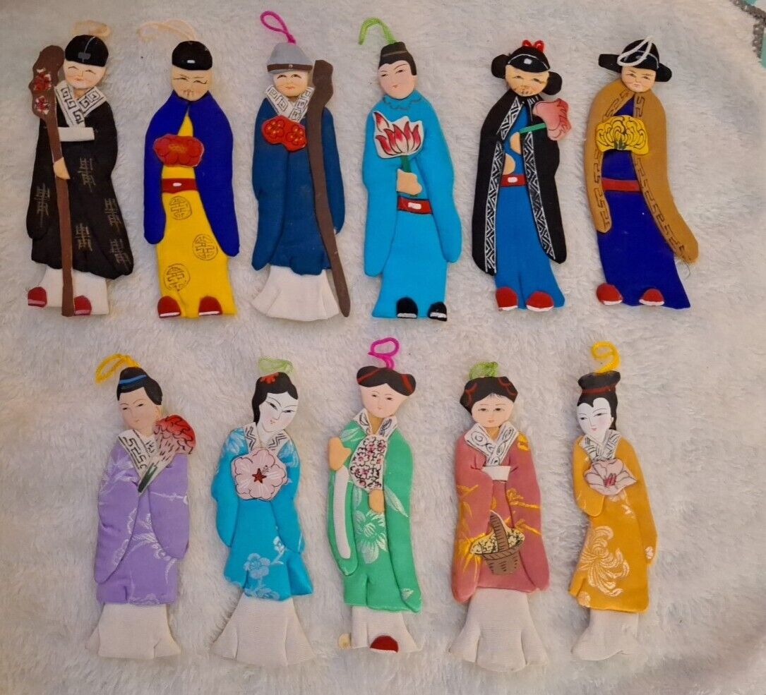 1 1Vintage Handmade Paper Dolls, Silk on Paper, Hand Painted Faces  China 1940s 