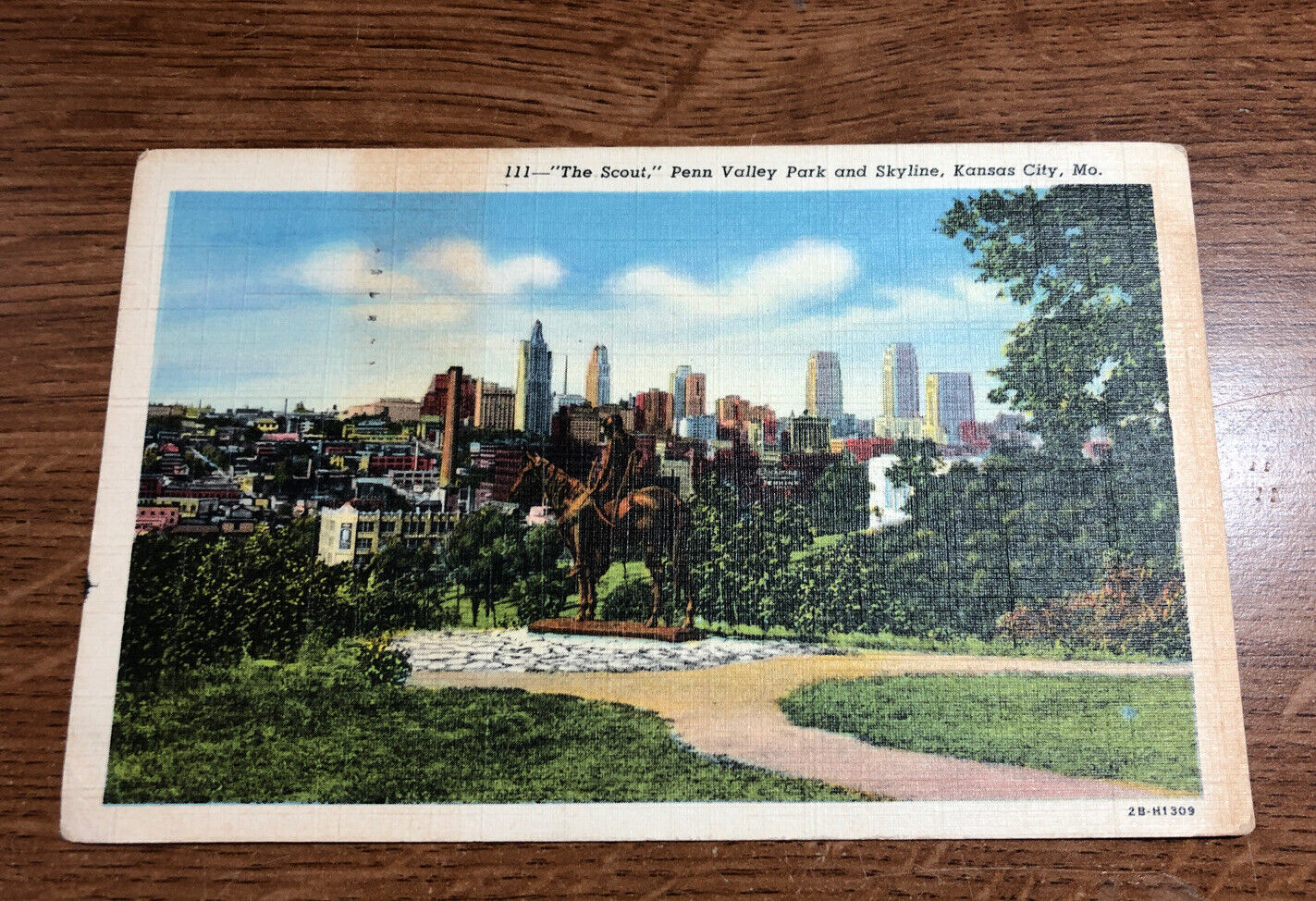 1943 white border cancelled postcard Kansas City MO The Scout Penn Valley Park 