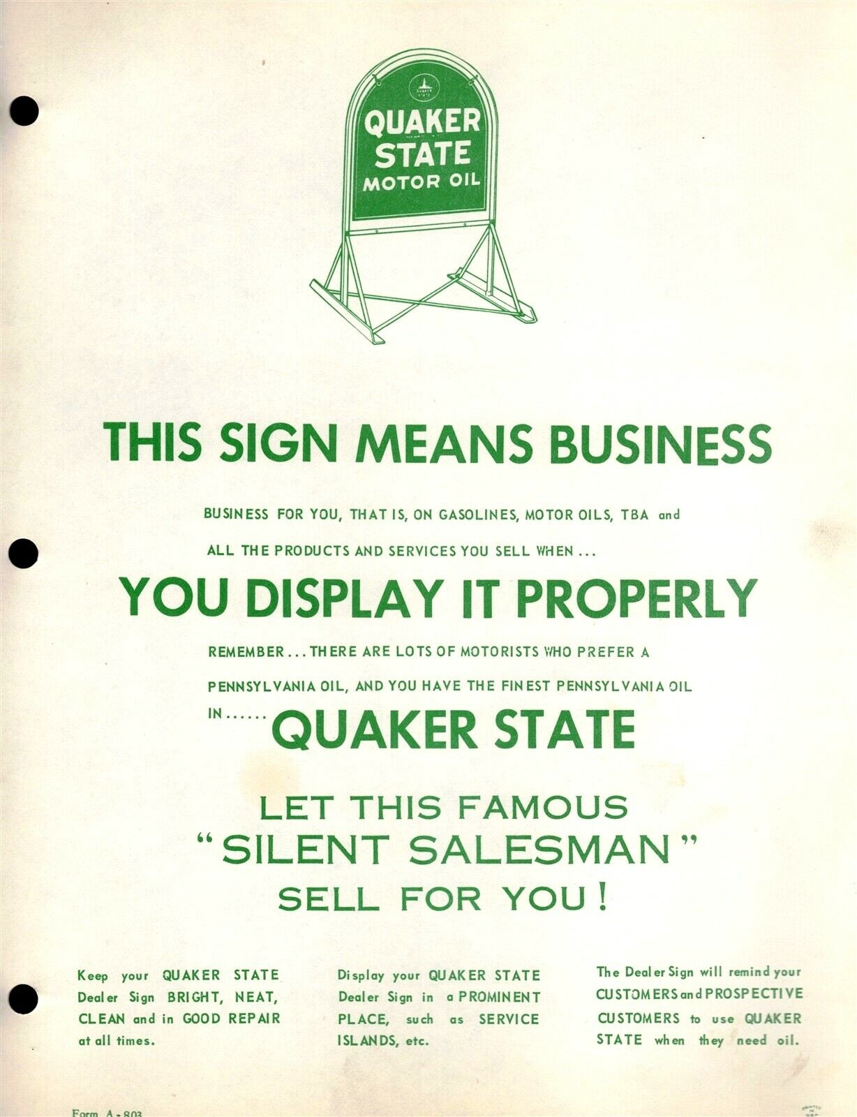 Vintage 1967-1969 QUAKER STATE TOMBSTONE Jobbers SELL SHEET Ad 