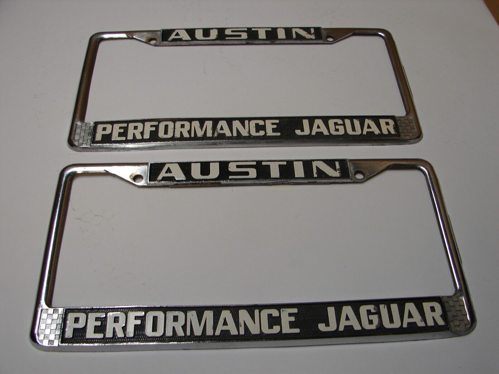Set of 2 VINTAGE Austin Jaguar Performance - Metal Chromed License Plate Frames
