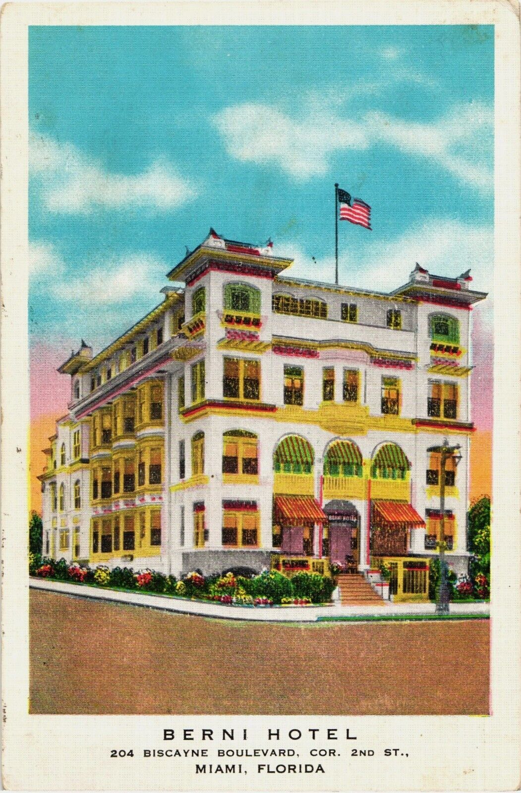 Berni Hotel Miami Florida Postcard 1930s Antique Linen 204 Biscayne Blvd