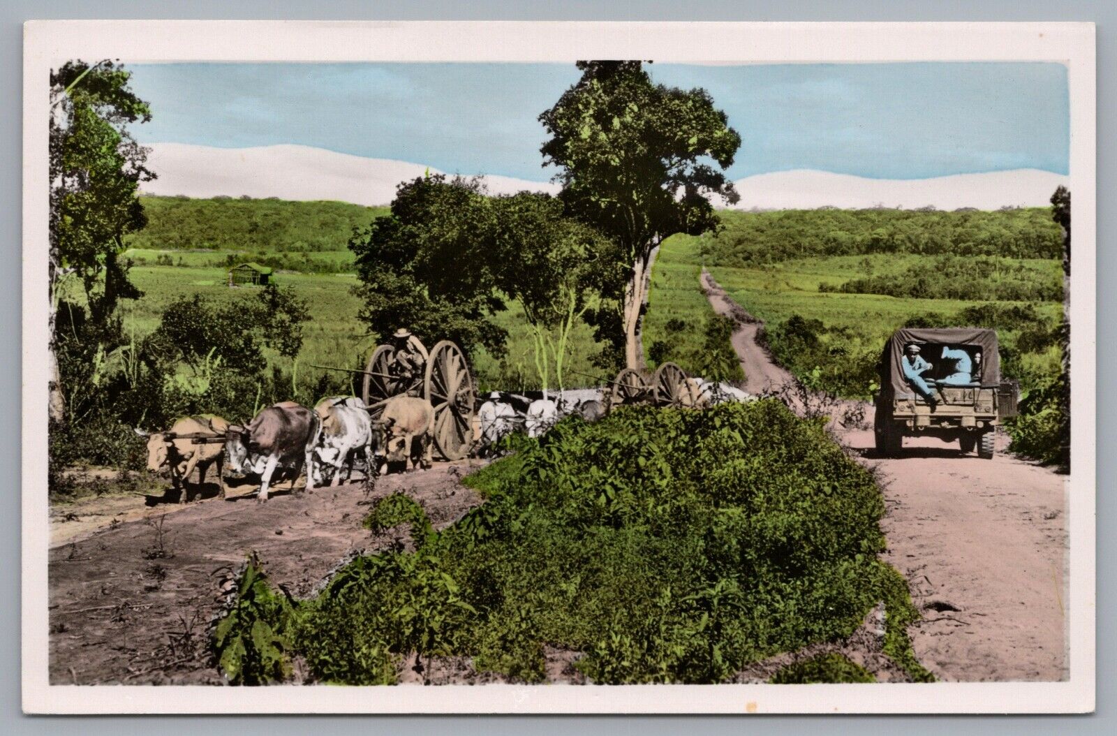 Paraguay Dirt Road Ox Cart Team Soldiers Army Truck Tinted RPPC Photo Postcard