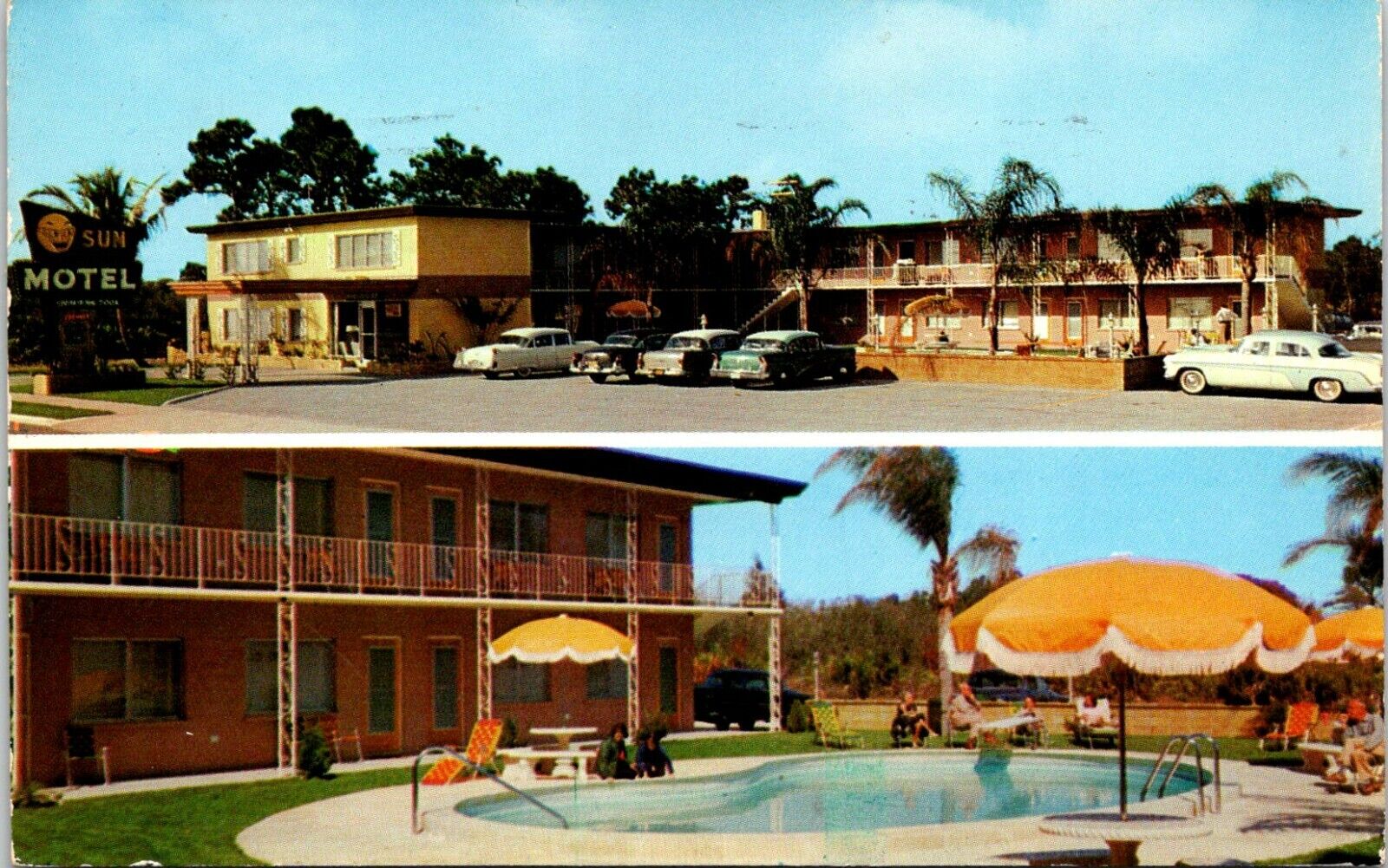 Postcard 1958 Sun Motel Split View Pool Gulf Beach St Petersburg Florida A114