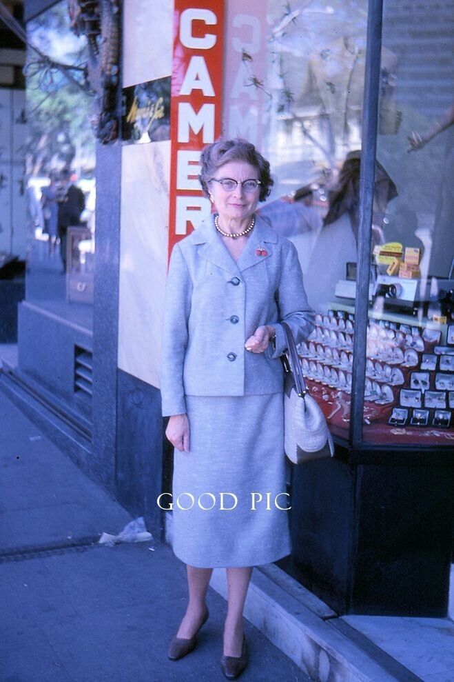 #WE4- z Vintage 35mm Slide Photo-Street Scene- Woman- Camera Store - 1962