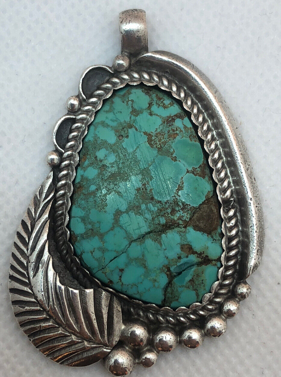 VTG native anerican sterling silver turquoise leaf pendant  stamped DIB