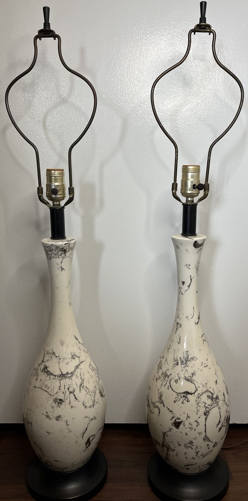 Pair of Vintage Mid-Century Marble-Patterned Glazed Ceramic Table Lamps